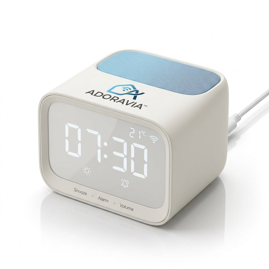 Adoravia™ Cube Bedside Speaker Alarm Clock – 360° Room-Filling Sound, Digital Time & Temperature Display, Snooze Alarm and Compact Modern Design