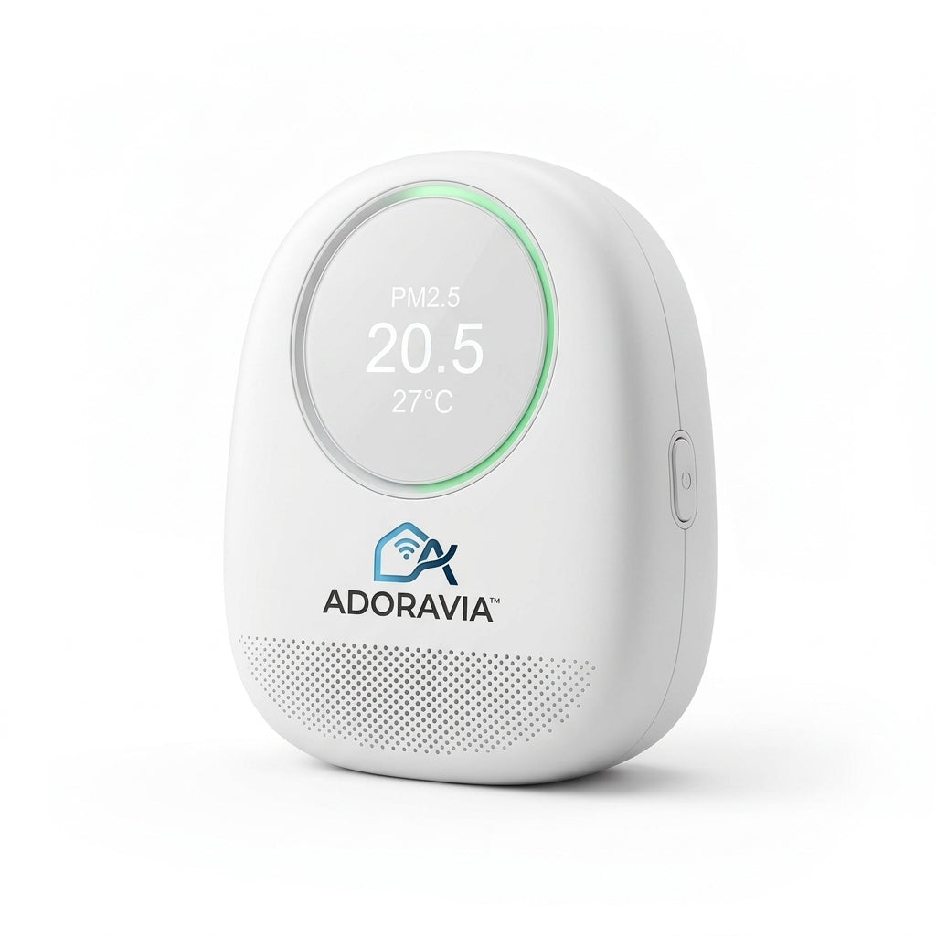 Adoravia™ Smart Air Quality Monitor – Real-Time PM2.5 & Temperature Tracking, Smart Connectivity, Color Status Display & Compact Indoor Design