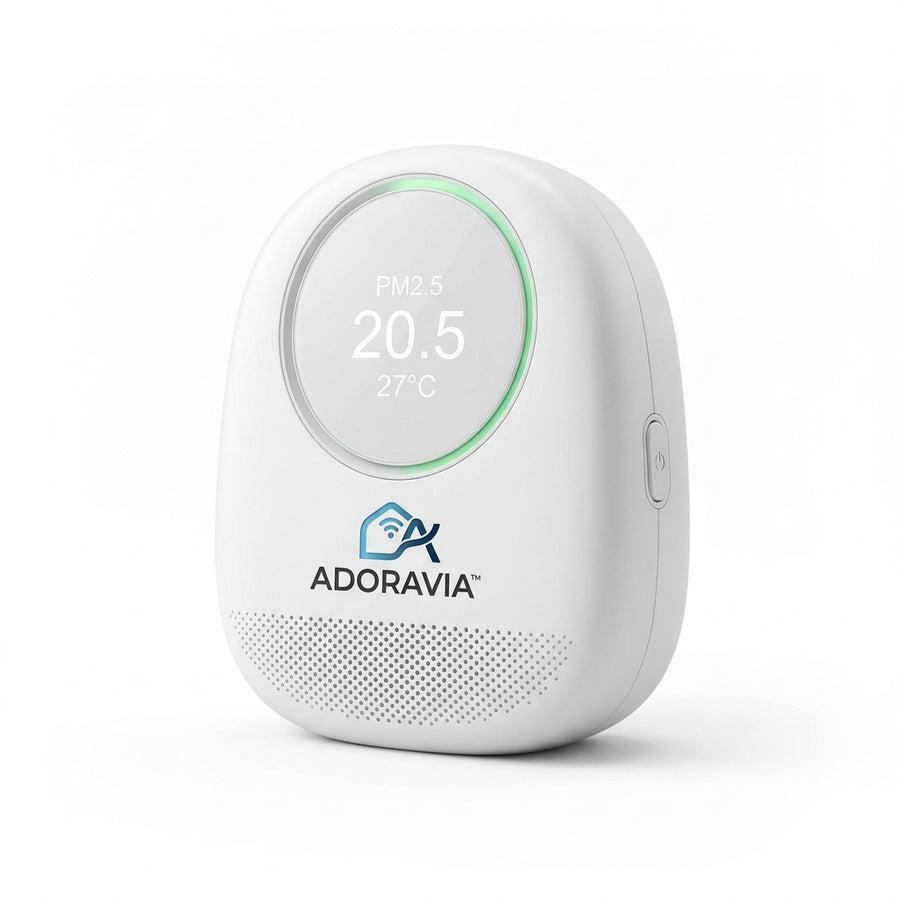 Adoravia™ Smart Air Quality Monitor – Real-Time PM2.5 & Temperature Tracking, Smart Connectivity, Color Status Display & Compact Indoor Design