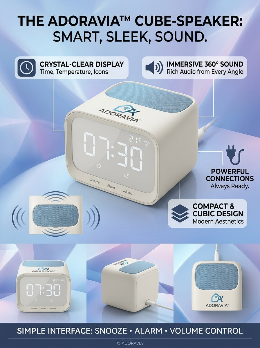 Adoravia™ Cube Bedside Speaker Alarm Clock – 360° Room-Filling Sound, Digital Time & Temperature Display, Snooze Alarm and Compact Modern Design