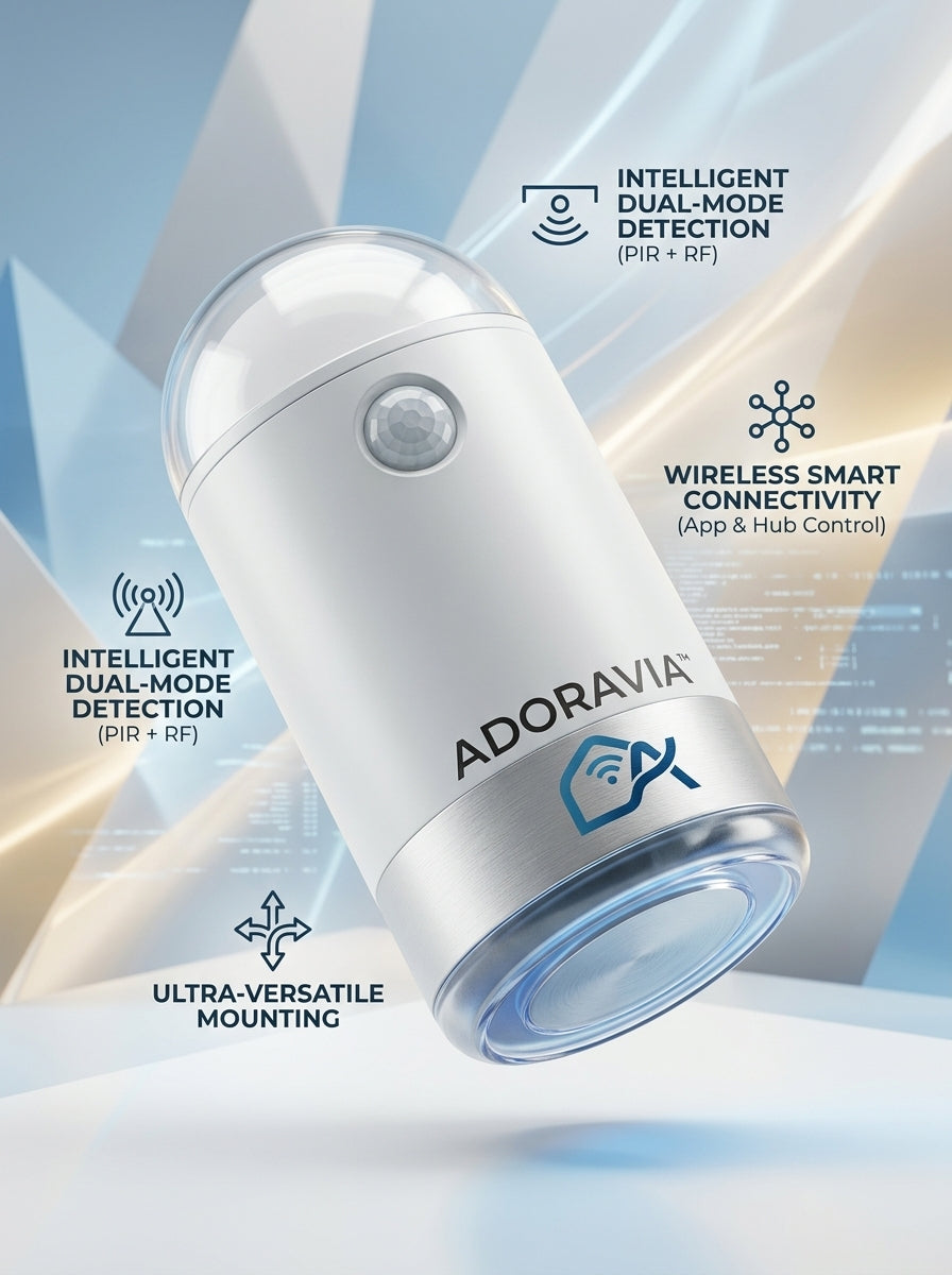 Adoravia™ Smart Dual-Mode Motion Sensor – PIR + RF Detection, Wireless App & Hub Connectivity, Flexible Mounting for Home Automation