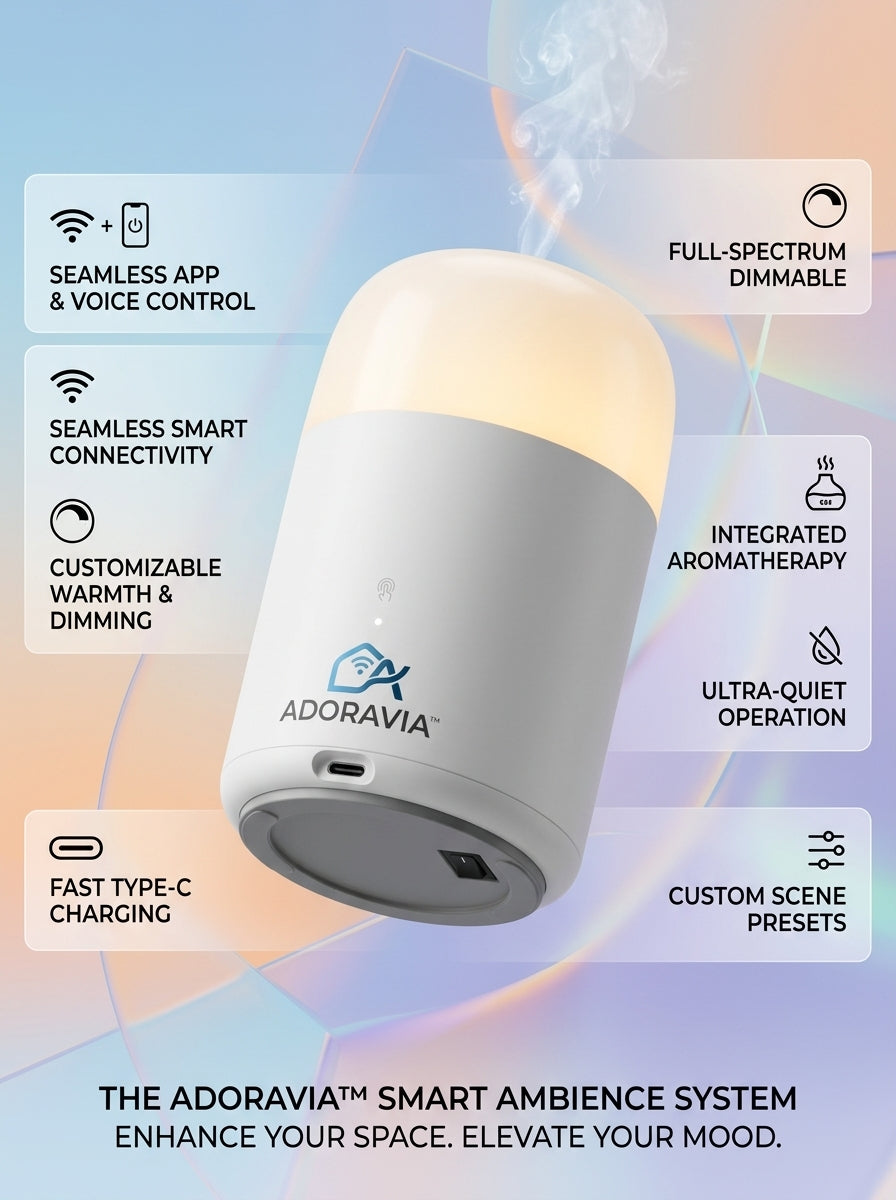 Adoravia™ Smart Ambience System – App & Voice Controlled Dimmable Aroma Lamp with Custom Scene Presets, Type-C Charging, and Quiet Operation