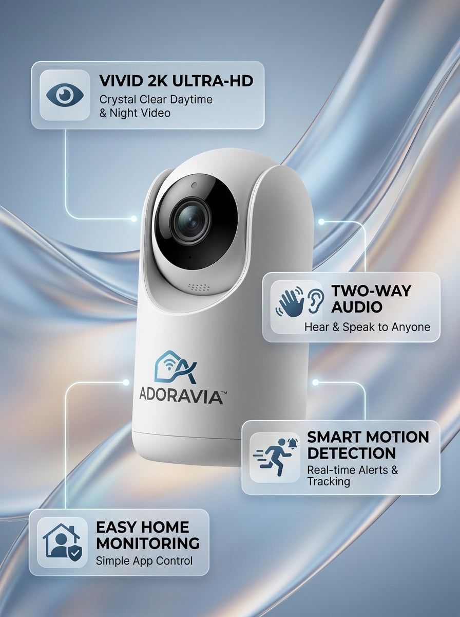 Adoravia™ 2K Smart Indoor Security Camera – Day & Night HD Monitoring, Two-Way Audio, Motion Alerts & App Control