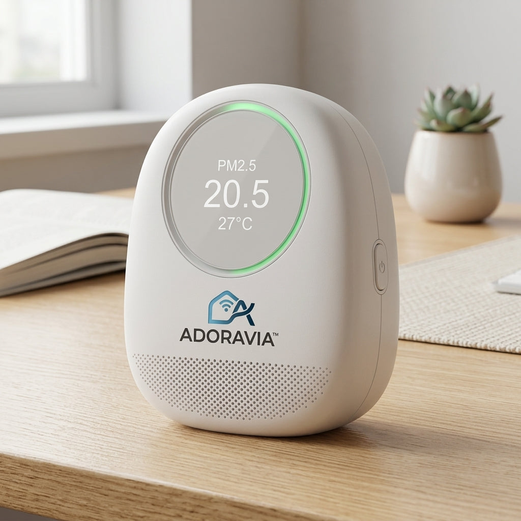 Adoravia™ Smart Air Quality Monitor – Real-Time PM2.5 & Temperature Tracking, Smart Connectivity, Color Status Display & Compact Indoor Design