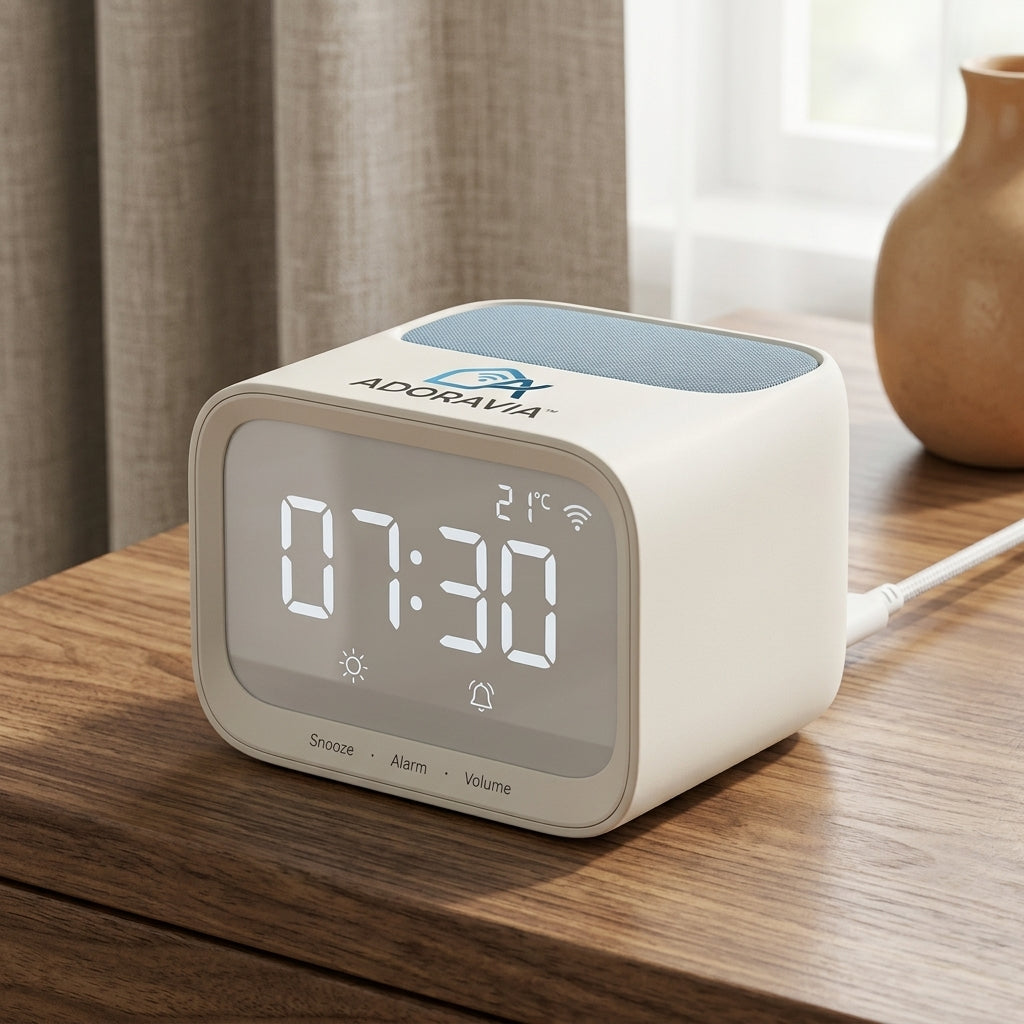 Adoravia™ Cube Bedside Speaker Alarm Clock – 360° Room-Filling Sound, Digital Time & Temperature Display, Snooze Alarm and Compact Modern Design
